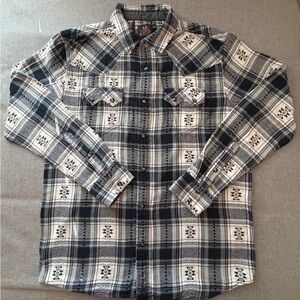Men's green and cream plaid flannel shirt.
